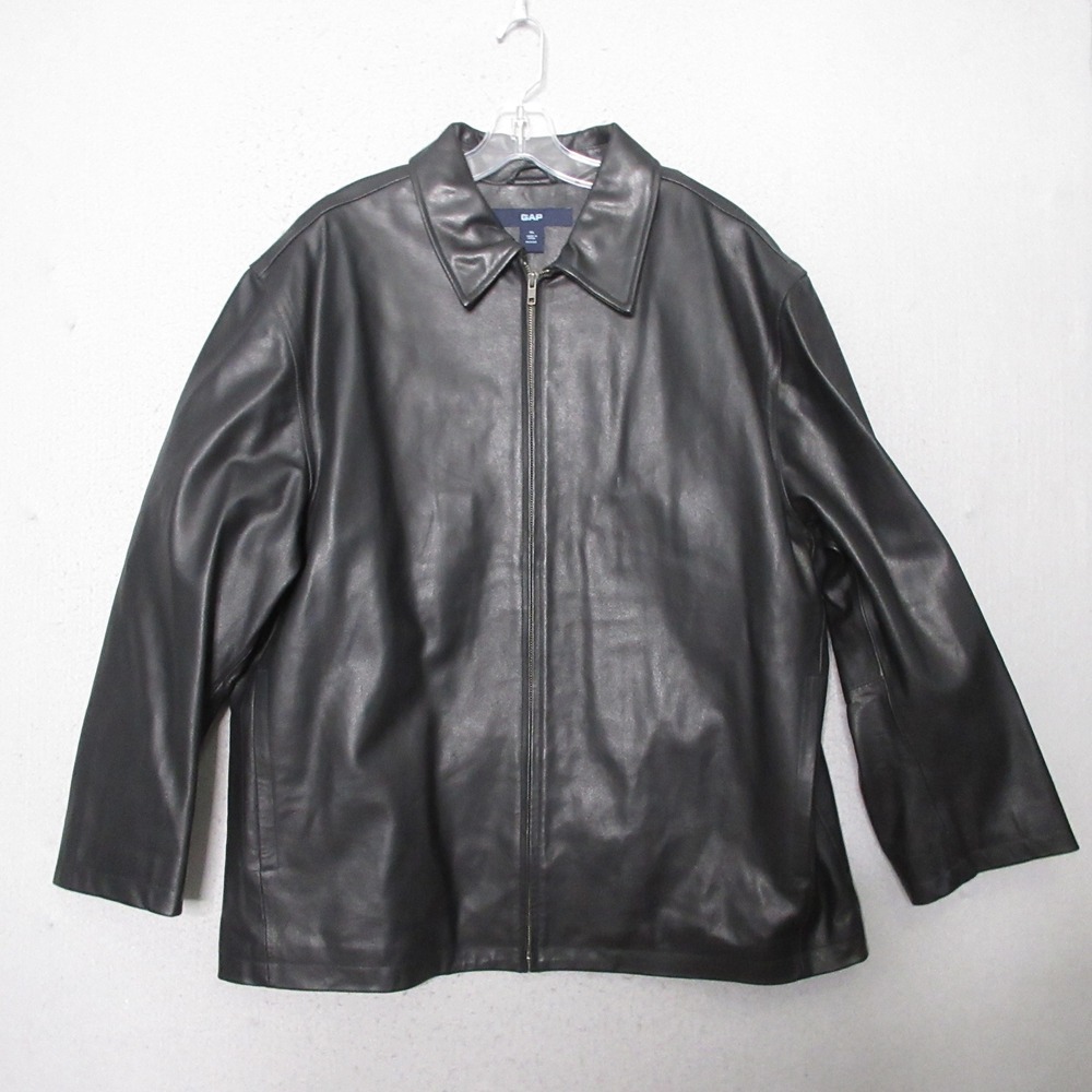 Vintage GAP Leather Jacket Men XL Black Full Zip Quilt Lined 90 Y2K Biker Indie